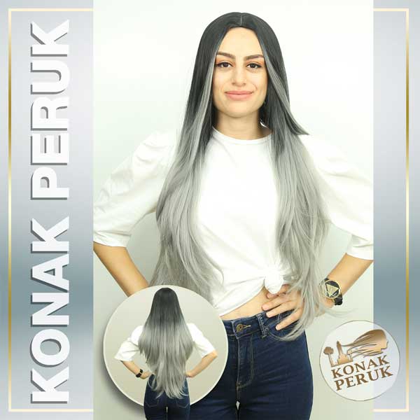 Fiber (Kanekalon) Sentetik Saç Peruk – Siyah Gri Ombreli Uzun (FS1164)